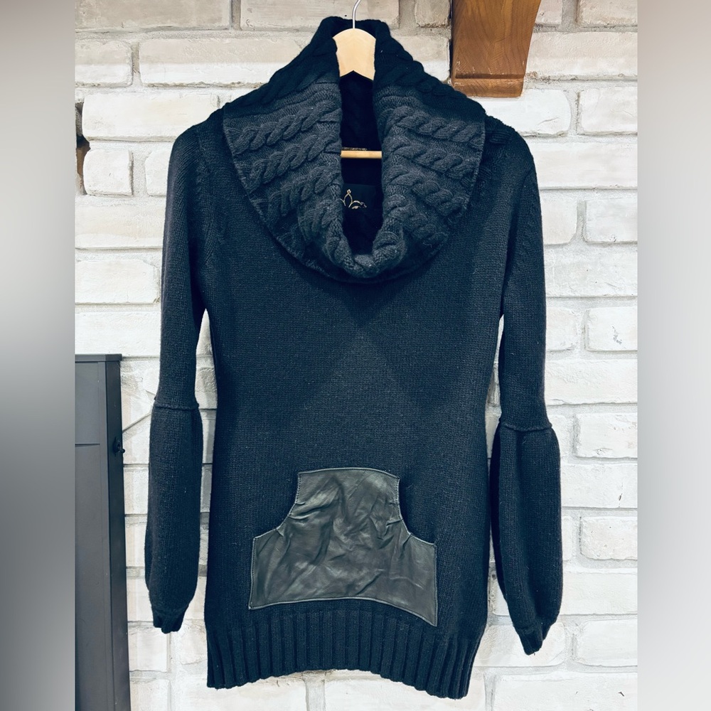 Mackage Wool Cowl Neck Cable Knit Leather Black Sweater Size Medium - Picture 1 of 7